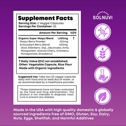 Organic Super Maqui Berry Capsules - Superfood Powder - Elderberry Extract, Cranberry, Pomegranate, Acai - Dry Eye & Tear Support, Gut Health, Skin - 60 Vegan Capsules, Non GMO, Gluten Free Supplement