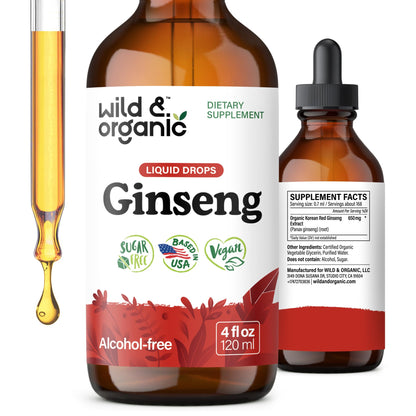Wild & Organic Korean Panax Ginseng Extract Liquid Drops - Immune & Energy Support - Red Ginseng Root Supplement - Easy to Add to Tea - Vegan, Sugar & Alcohol-Free Tincture - 4 fl oz