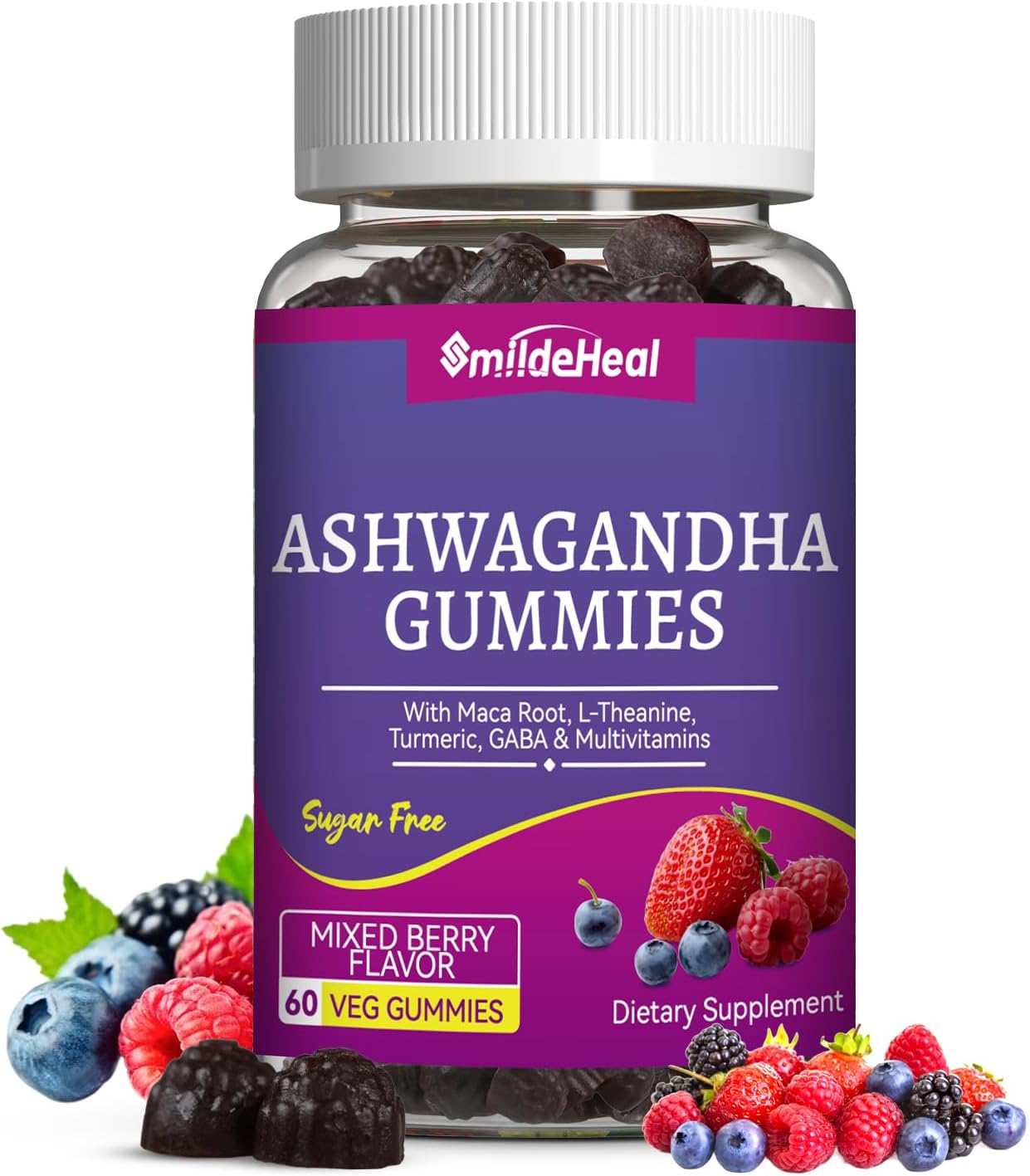 Ashwagandha Gummies 3000mg for Calm & Stress Relief, 60 Count, Vegan | Ashwagandha High Strength Root Extract Supplement with L-Theanine, Trumeric, D3 for Women & Men - Natural Mixed Berry Flavor