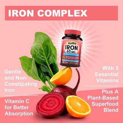 Vitalibre Iron Supplement for Women & Men, 65 mg, Ferrous Sulfate, Vitamin C, D3, B6, B12, Folate, Beet Root, Spinach, Pumpkin Seeds, Nettle, for Red Blood Cell & Energy Production, 60 Tablets