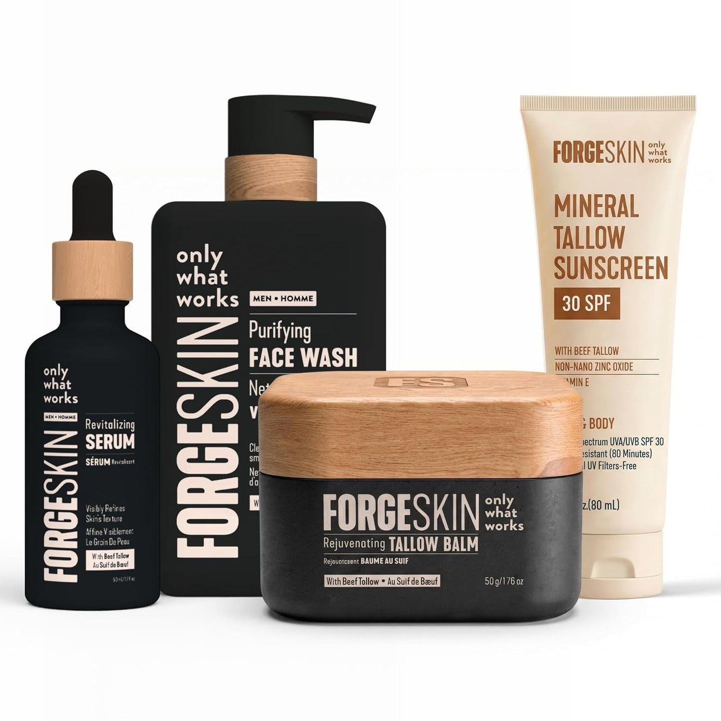 Forge Skin® Men's Anti-Aging Face Care Routine | Beef Tallow Balm Moisturizer + Nourishing Cleanser Exfoliating Face Wash + Hydration Wrinkle Defense Serum + Mineral Tallow Sunscreen SPF 30
