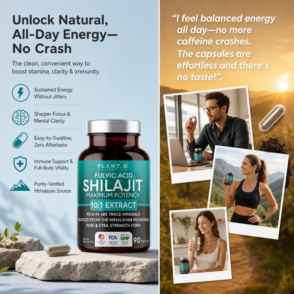 Natural Himalayan Shilajit Capsules - 10:1 Extract Maximum Potency | Fulvic Acid + 85 Trace Minerals | Energy Boost, Immune Support, Cognitive Function | 90 Veggie Pills for Men & Women
