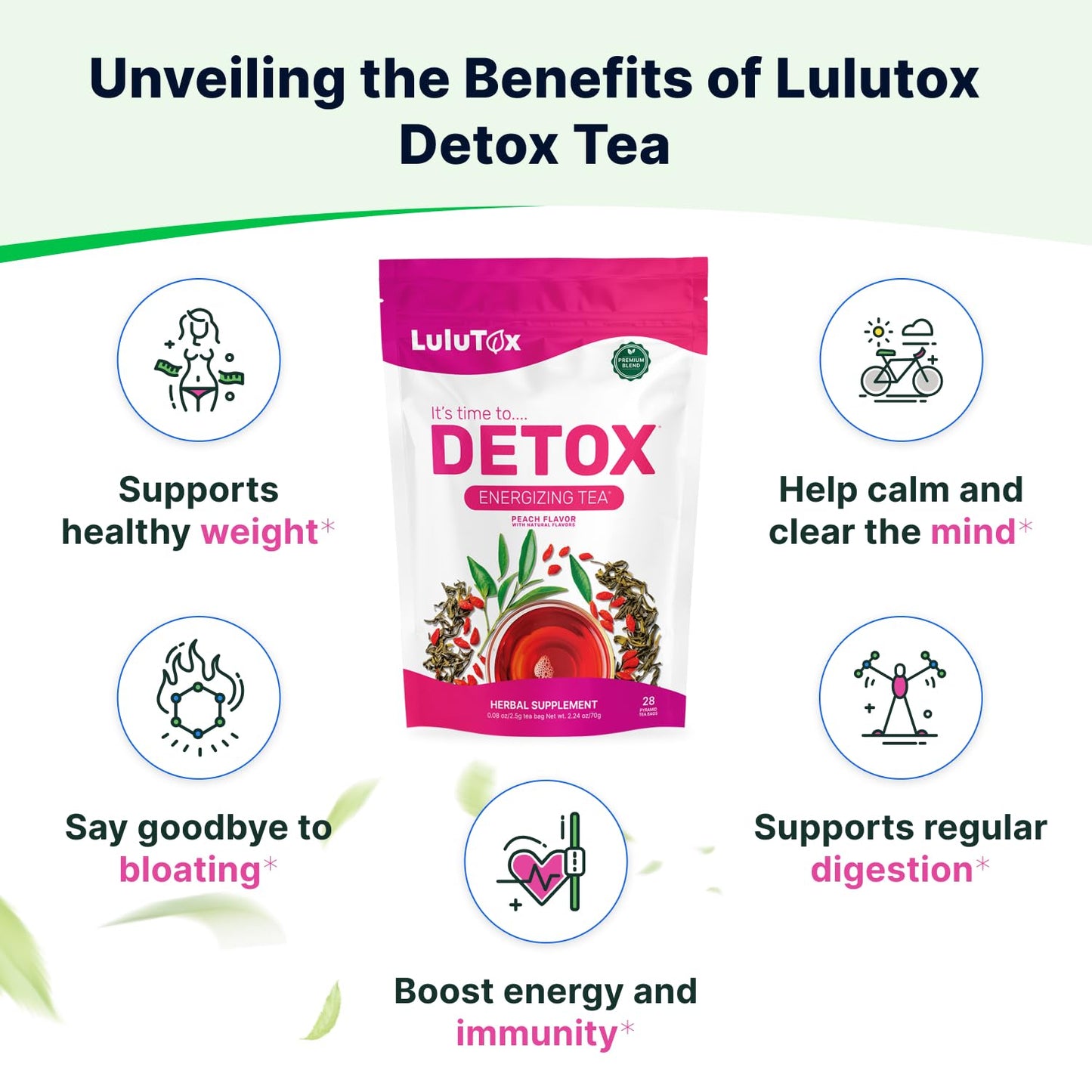 LULUTOX Detox Tea - Herbal Blend with Dandelion, Ginseng, and Ginger - Supports A Healthy Weight, Digestive Health - Vegan, All Natural, Laxative-Free - Peach Flavor (28 Servings)