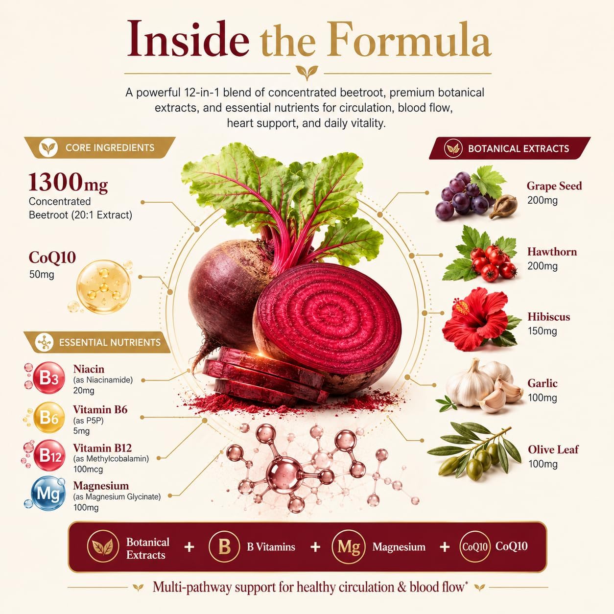 Totaria Beetroot Capsules 2230mg Support Blood Pressure & Heart Health, Nitric Oxide Supplement with Grape Seed, Hawthorn, Garlic & CoQ10, Blood Flow Beet Root Powder | 120 Count