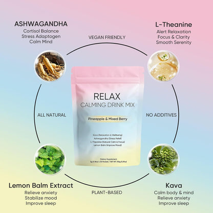 Relax Calming Drink, Natural Calm Powder Drink with L-Theanine, Ashwagandha and Kava, Sugar Free Calm Supplement for Relax & Natural Relieve Stress, Non GMO, Pineapple & Mixed Berry, 30 Packets (1)