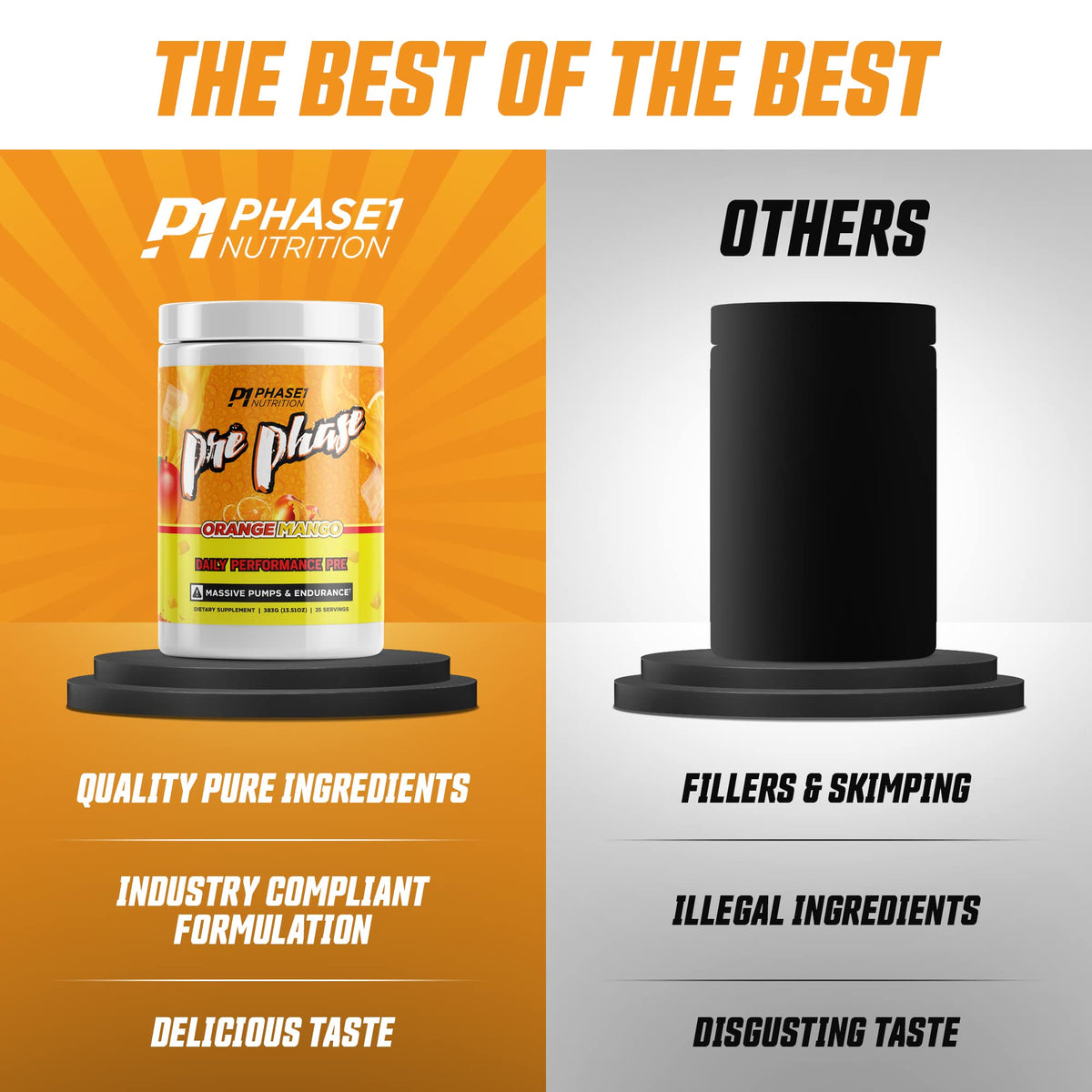 Pre Phase Daily Driver Orange Mango Pre Workout with 325mg Caffeine, Vitamin B12, Beta Alanine | Preworkout for Energy, Weight & Strength Training, Endurance and Pump - Phase 1 Nutrition
