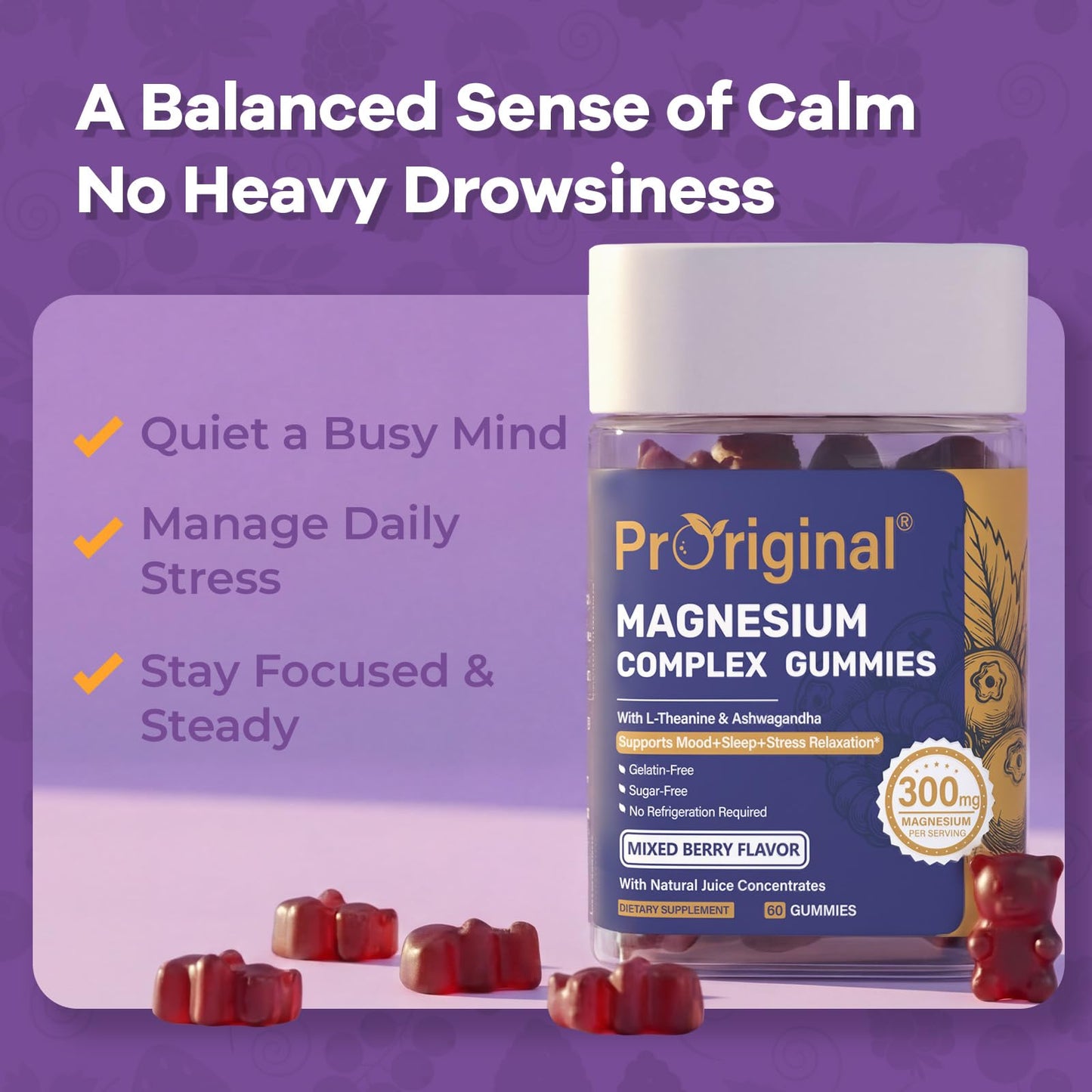 Magnesium Gummies for Stress & Sleep - 300mg Magnesium Complex with Glycinate, Citrate, Malate & Taurate - Supports Relaxation, Muscle & Heart Health - Vegan, Sugar-Free, Non-GMO - 120 Gummies
