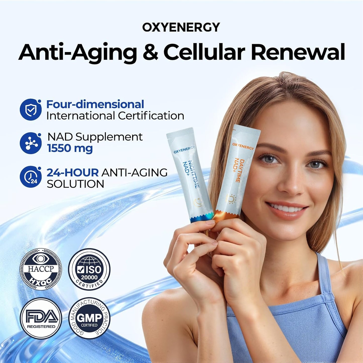 OxyEnergy NAD Supplement 1550 mg-Daytime Nicotinamide Riboside + Nighttime L-Tryptophan with Resveratrol, Glutathione, PQQ, 24-Hour Nonstop Energy, Anti-Aging & Cellular Renewal, 28 Packets