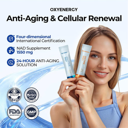 OxyEnergy NAD Supplement 1550 mg-Daytime Nicotinamide Riboside + Nighttime L-Tryptophan with Resveratrol, Glutathione, PQQ, 24-Hour Nonstop Energy, Anti-Aging & Cellular Renewal, 28 Packets