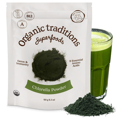 Organic Traditions Chlorella Powder, Broken Cell Wall Algae with Plant Based Protein, Essential Amino Acids, Chlorophyll & Nutrients, Eenergy Drink, Non GMO Superfood for Daily Blends, 150g/5.3oz Bag