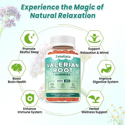 2 Pack Organic Valerian Root Gummies for Sleep, Melatonin Free, 120 Count | Natural herbal supplement for relaxation, calm and restful sleep. Vegan, non-GMO, gluten free, green grape flavor.