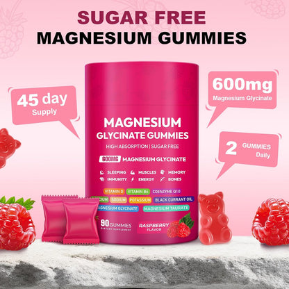Magnesium Glycinate Gummies 600mg, High Absorption Magnesium Complex, Sugar Free Chewables Gummies with VitaminD & B6, CQ10 for Adults & Kids, Relaxation, Muscle & Zzz Support