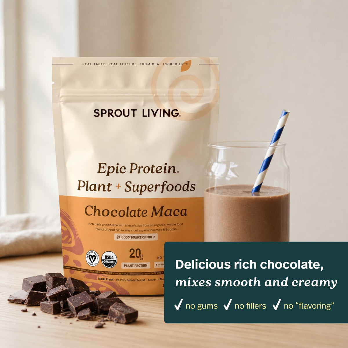 Sprout Living Epic Protein, Plant Based Protein & Superfoods Powder, Vanilla Lucuma Powder | 20 Grams Organic Protein Powder, Vegan, Non Dairy, Non-GMO, Gluten Free, Low Sugar (1 Pound, 12 Servings)