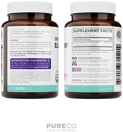 PURE CO Organic Elderberry 10:1 Extract 500mg Per 1 Capsule Serving - Vegan Black Elderberry Supplement for Immune Support, Allergy, Sinus Relief - Sambucus Nigra - 30 Caps