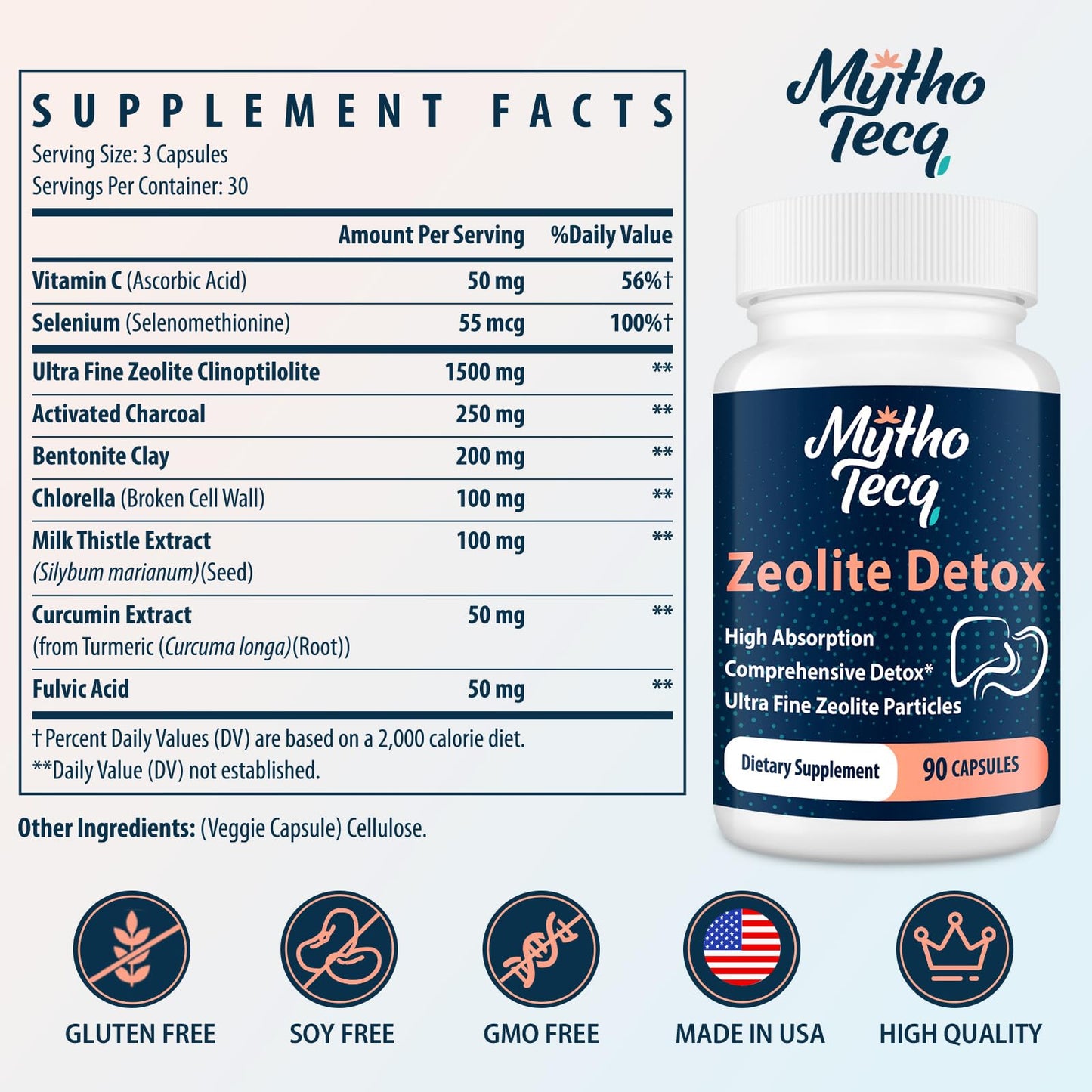 MythoTecq Zeolite Capsules with Activated Charcoal & Bentonite, 90 Count | 2300mg formula featuring zeolite clinoptilolite, activated charcoal and bentonite clay