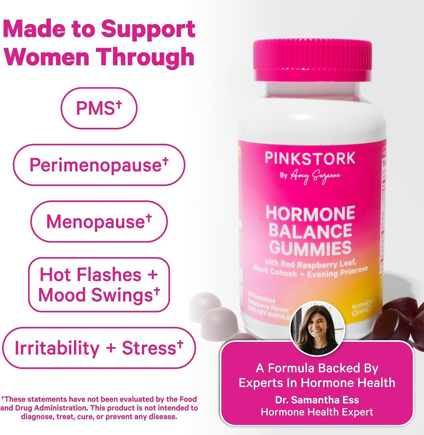 Pink Stork Hormone Balance Gummies for Women, 60 Vegan Gummies | PMS, Menopause & Perimenopause Support, Mood, Digestion, Temperature Comfort + Energy, Red Raspberry Leaf, Black Cohosh