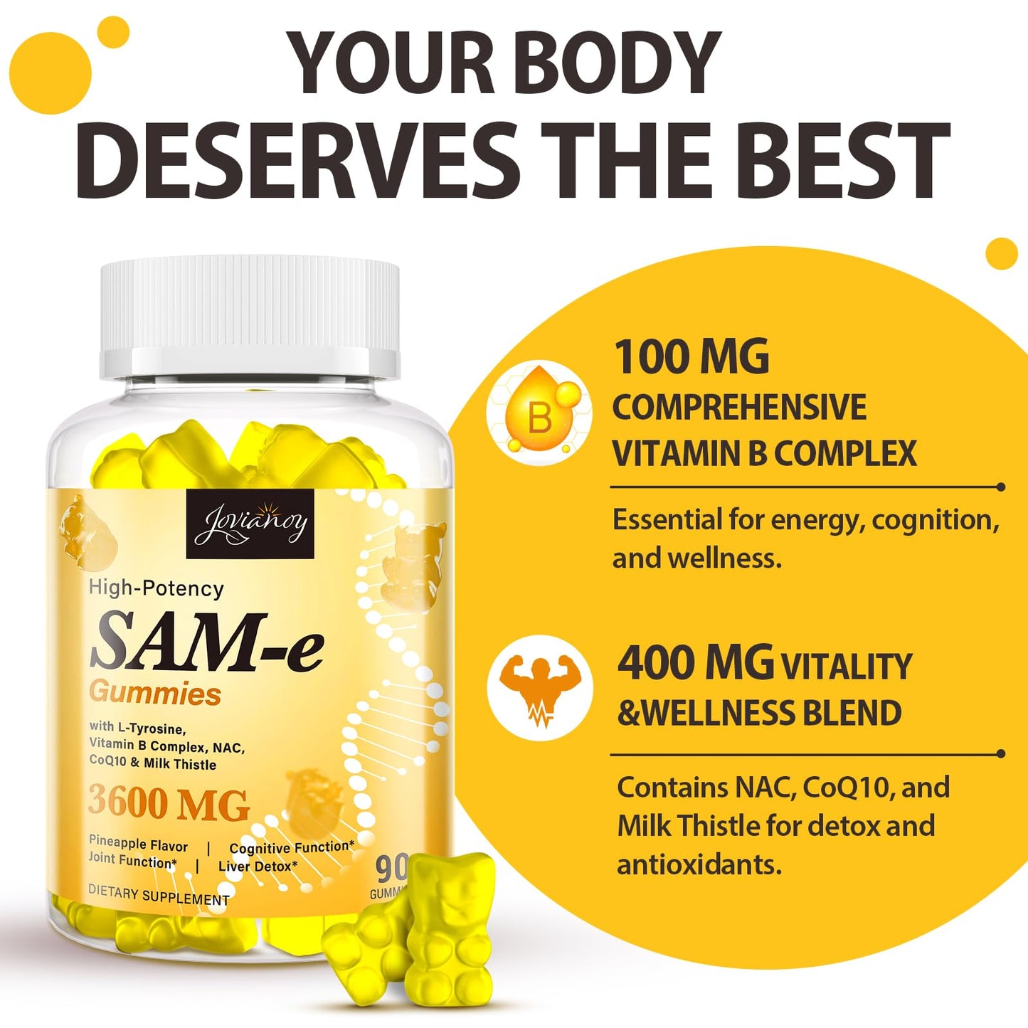 Jovianoy SAM-e Gummies with L-Tyrosine, Vitamin B Complex & NAC, CoQ10, High-Potency SAM-e Supplement - Pineapple Flavor, for Mood, Joint, Cognitive & Liver Detox, Vegan Friendly, 180 Gummies