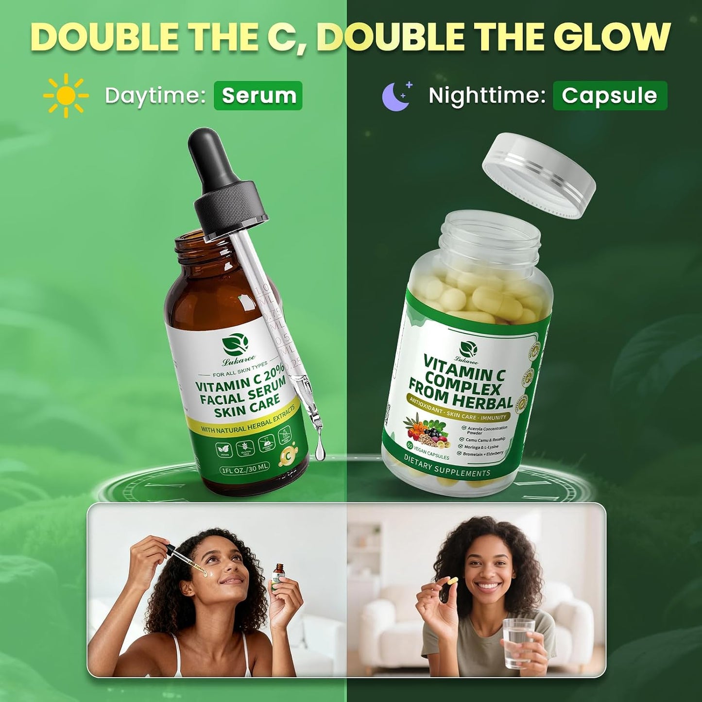 Lukaree Vitamin C Serum for Face, Dark Spots, Fine Lines & Support Collagen | Vitamin C Serum 20% Brightening Face Serum with Sodium Hyaluronate - All Skin Types, Plus Vit C Caps, 1 Fl Oz + 60 Caps