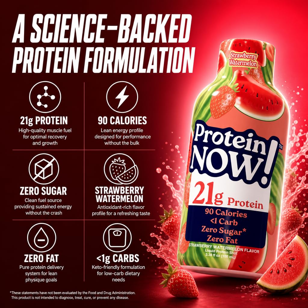 Protein Now Liquid 3 oz. Protein Shot By NutraBio– 21g Protein, 0 Carbs, 0 Fat, GLP-1 Support, Ready-to-Drink, No Refrigeration, Whey & Collagen Protein for Hair, Skin & Nails, On-the-Go Nutrition- Strawberry Watermelon