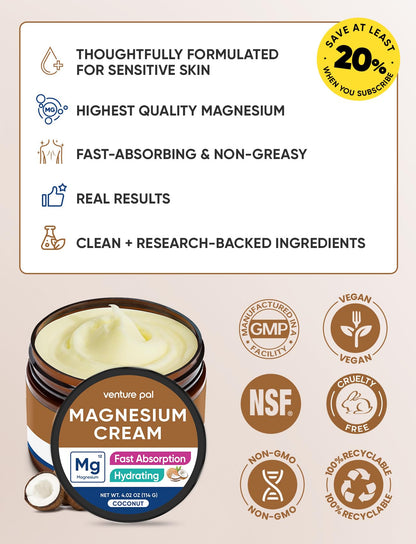 Venture Pal Topical Magnesium Cream, Highly Concentrated Magnesium Lotion | Fast-Absorbing Magnesium Moisturizing Cream with Coconut Oil, Shea Butter & Hyaluronic Acid; Suitable for Kids