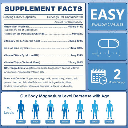 NATURE TARGET Magnesium Glycinate 500 mg with Zinc, 120 Vegan Capsules | Chelated, Non-Buffered Magnesium With Vitamin D3 & B6 For Muscle, Nerve, Bone, Heart And Immune Support, Non-Gmo, Gluten-Free