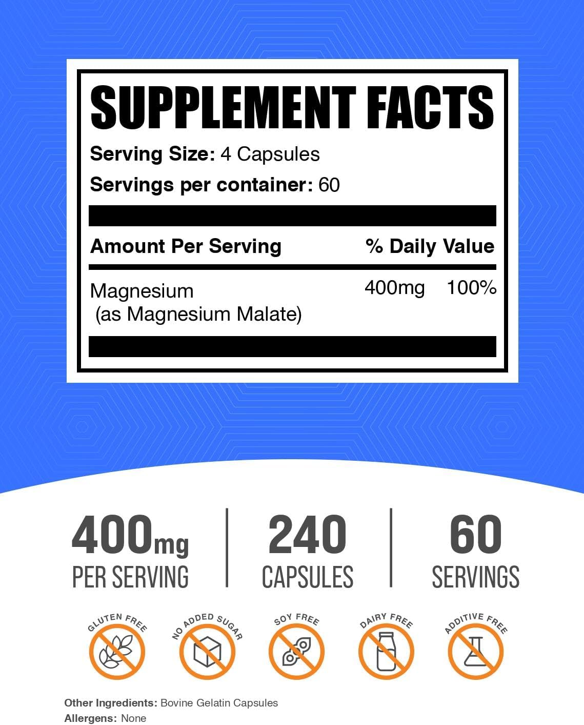 BulkSupplements.com Magnesium Malate Capsules - Magnesium Supplement, Magnesium Malate 400mg - Essential & Gluten Free, 4 Capsules per Serving, 240 Count (Pack of 1)