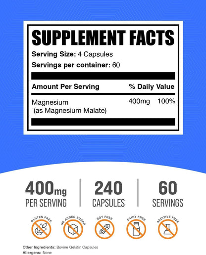 BulkSupplements.com Magnesium Malate Capsules - Magnesium Supplement, Magnesium Malate 400mg - Essential & Gluten Free, 4 Capsules per Serving, 240 Count (Pack of 1)
