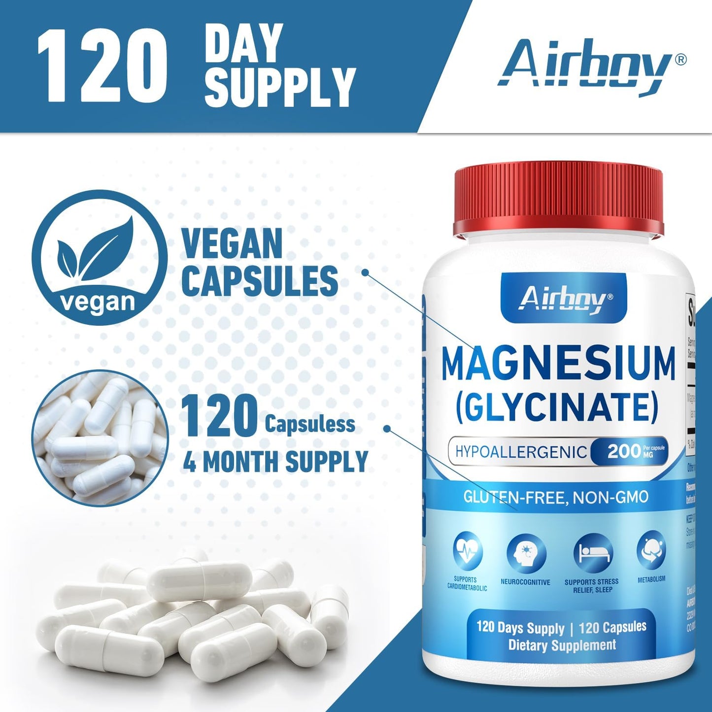 Airboy Magnesium Glycinate 200 mg, Best Magnesium Glycinate for Sleep,120 Vegan Small Capsules, High Absorption Support Relaxation, Sleep and Calm Mood,Non-GMO and No Gluten