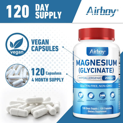 Airboy Magnesium Glycinate 200 mg, Best Magnesium Glycinate for Sleep,120 Vegan Small Capsules, High Absorption Support Relaxation, Sleep and Calm Mood,Non-GMO and No Gluten