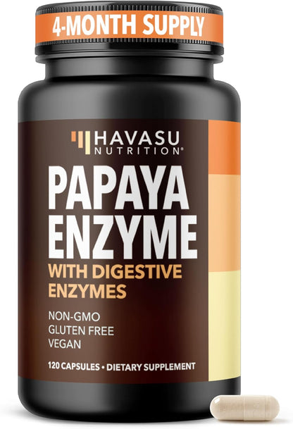Papaya Enzymes for Digestion Support, Vegan and Gluten Free, 120 Servings | Papaya Digestive Enzymes for Women with Bromelain & Papain for Better Nutrient Absorption Plus Protein & Carb Digestion