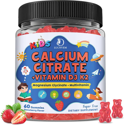 Kids Calcium Citrate Gummies with Vitamin D3 Supplement, Calcium Citrate 300/600 mg with Magnesium Zinc & Multivitamin for Kids 4+ & Teens, Support Bone Muscle & Digestive Health, Sugar Free, 60ct