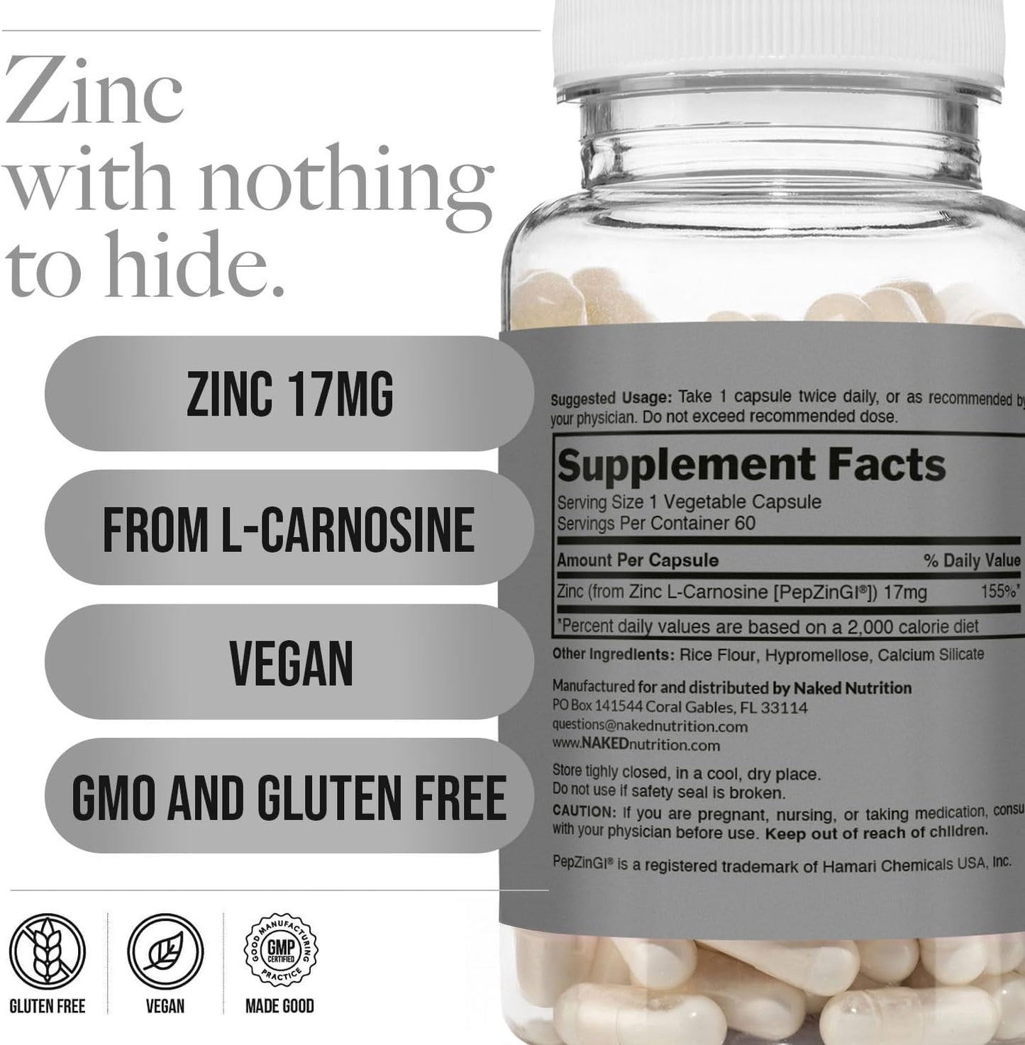 Naked Zinc Carnosine - Gut Lining, Immune Function and Stomach Support Supplement, Vegan, Gluten-Free, 17mg - 60 Capsules