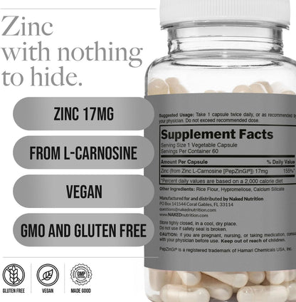 Naked Zinc Carnosine - Gut Lining, Immune Function and Stomach Support Supplement, Vegan, Gluten-Free, 17mg - 60 Capsules