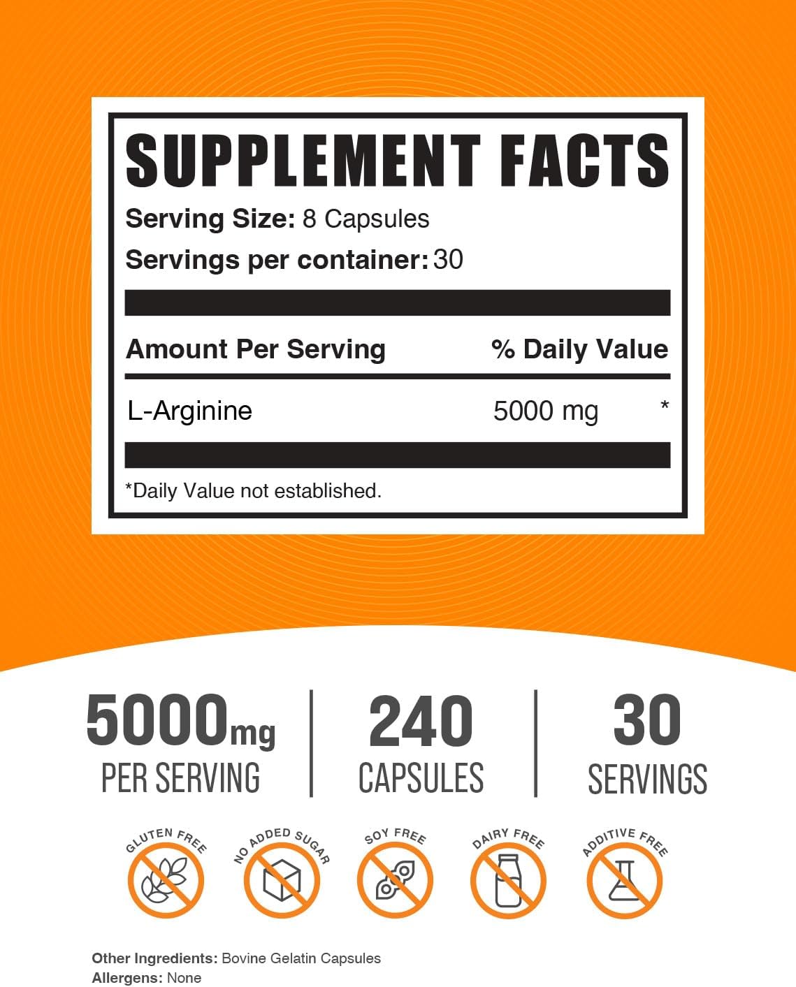 BulkSupplements.com L-Arginine Capsules - Arginine Supplement, Nitric Oxide Supplement - Gluten Free, 8 Capsules per Serving (5000mg), 240 Count (Pack of 1)