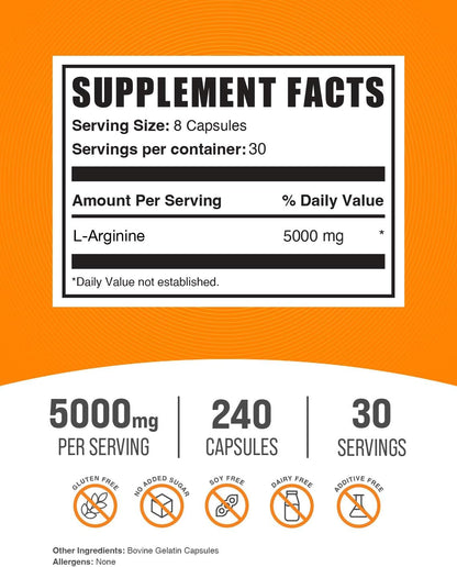 BulkSupplements.com L-Arginine Capsules - Arginine Supplement, Nitric Oxide Supplement - Gluten Free, 8 Capsules per Serving (5000mg), 240 Count (Pack of 1)