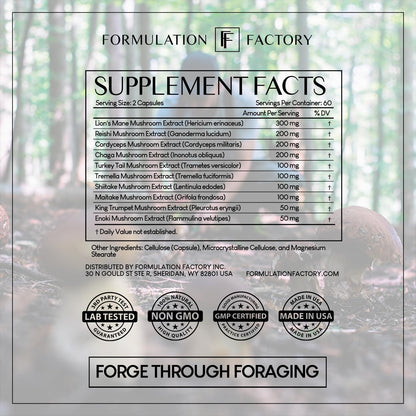 Formulation Factory Shroom Vroom 10-in-1 Mushroom Complex (2-Pack) with Lion's Mane, Reishi, Cordyceps, Chaga, Turkey Tail, Tremella, Maitake, Shiitake & More - 120 Capsules, 2 Month Supply