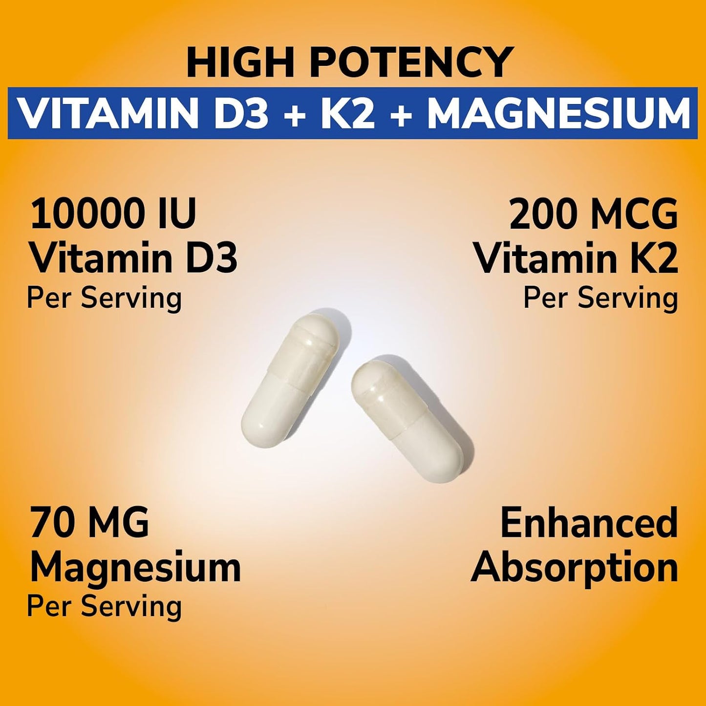 Vitalibre D3 K2 + Magnesium Supplement, 10000 IU Vitamin D3 & 200 mcg K2, with Magnesium Glycinate, Bone, Teeth, Immune & Energy Support, High Absorption, Non-GMO, Easy to Swallow, 60 Capsules