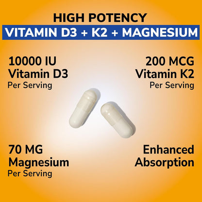 Vitalibre D3 K2 + Magnesium Supplement, 10000 IU Vitamin D3 & 200 mcg K2, with Magnesium Glycinate, Bone, Teeth, Immune & Energy Support, High Absorption, Non-GMO, Easy to Swallow, 60 Capsules