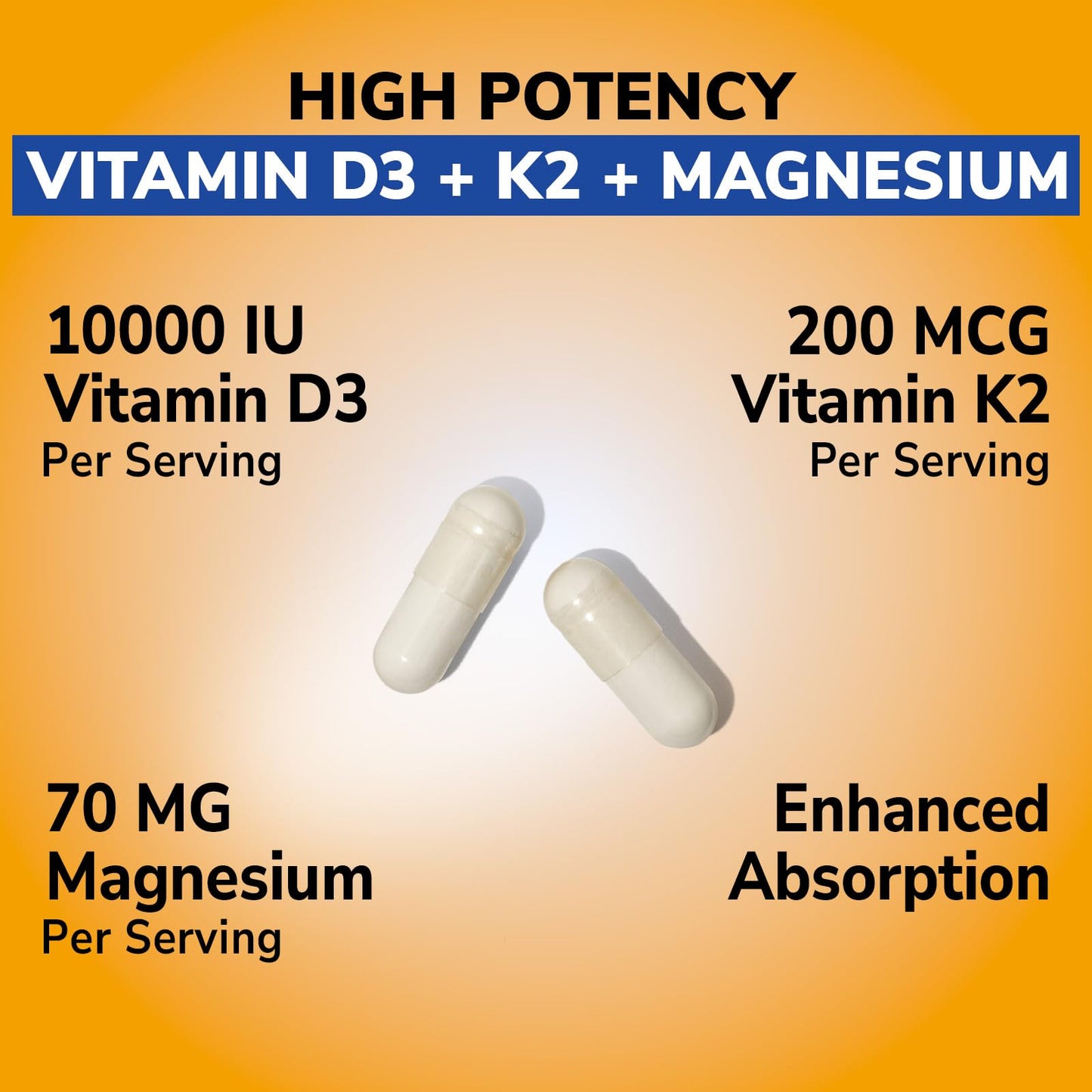 Vitalibre D3 K2 + Magnesium Supplement, 10000 IU Vitamin D3 & 200 mcg K2, with Magnesium Glycinate, Bone, Teeth, Immune & Energy Support, High Absorption, Non-GMO, Easy to Swallow, 60 Capsules