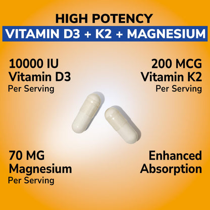 Vitalibre D3 K2 + Magnesium Supplement, 10000 IU Vitamin D3 & 200 mcg K2, with Magnesium Glycinate, Bone, Teeth, Immune & Energy Support, High Absorption, Non-GMO, Easy to Swallow, 60 Capsules