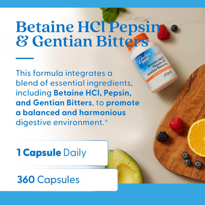 Doctor's Best Betaine HCI Pepsin & Gentian Bitters, Digestive Enzymes for Protein Breakdown & Absorption, Non-GMO, Gluten Free, 120 Caps, Original Version