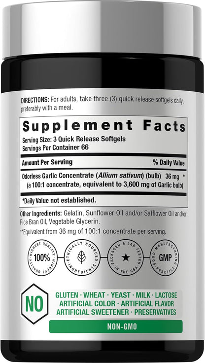 Horbäach Odorless Garlic Softgel Supplement | 200 Pills | Ultra Potent Concentrated Herbal Extract | Non-GMO & Gluten Free