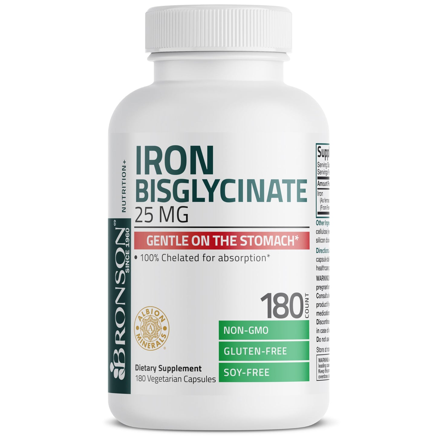 Bronson Iron Bisglycinate 25 mg, 90 Vegetarian Capsules | Gentle on the Stomach, Non-Constipating, Supports Energy & Red Blood Cell Production, Non-GMO, Gluten-Free & Soy-Free