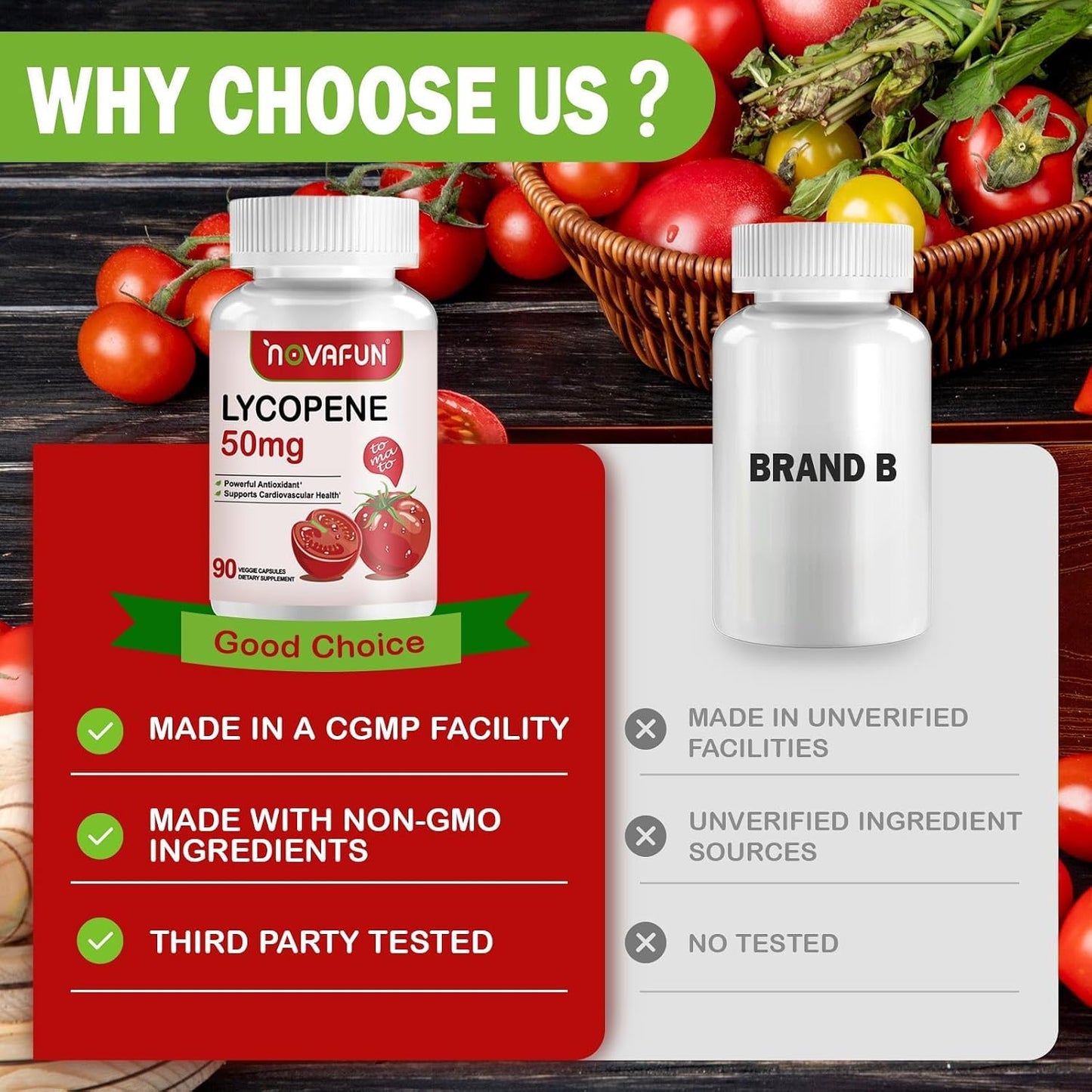 Lycopene 50mg Supplements for Men, Natural Tomato Antioxidant Supplement, 90 Veggie Capsules-Cardiovascular Health, Immune Support & Skin Health, 3 Month Supply