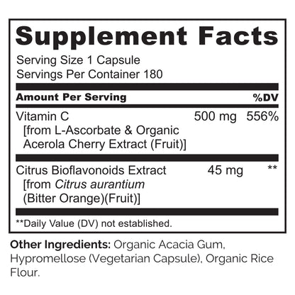 NATURELO Vitamin C with Organic Acerola Cherry Extract and Citrus Bioflavonoids - Vegan Supplement - Immune Support - 500 mg VIT C per Cap - Non-GMO - 90 Capsules