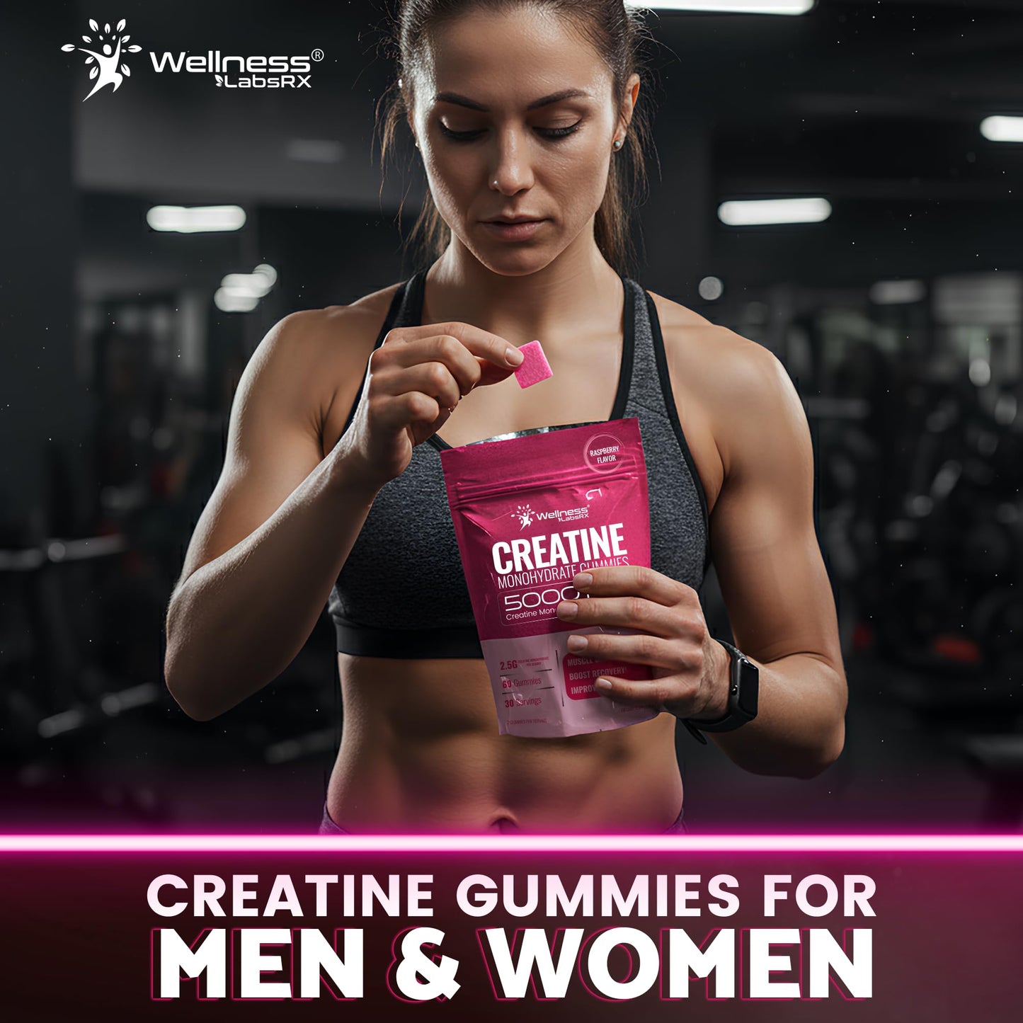 Creatine Gummies 5000mg, 30 Servings Creatine Monohydrate Gummies - Third-Party Tested Creatine for Women, Strawberry Flavor Creatine for Men, Muscle Growth, Strength, and Recovery - Pack of 1