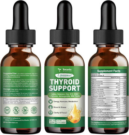 Totaria Thyroid Support for Women & Men, Selenium, Iodine, Zinc, L-Tyrosine, Ashwagandha, B12, Milk Thistle, Kelp, Bladderwrack, Energy, Metabolism, Hormone & Mood, 4 Fl.Oz