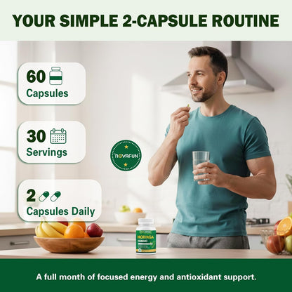 Organic Moringa Capsules 1000mg, 10:1 Leaf Extract Supplement with Turmeric & Black Pepper for Energy, Antioxidant, Immune Support, Vegan, 60 Capsules
