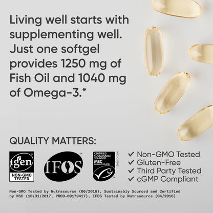 Sports Research® Omega-3 Fish Oil 1250 - Triple Strength Fish Oil Supplement from Wild Alaska Pollock - MSC Certified Sustainable · Non-GMO · Soy Free - 90 Softgel Capsules