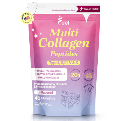 Fuel Multi Collagen Peptides Powder – 20g Hydrolyzed Collagen Types I, II, III, V & X – Hair, Skin, Nails & Joint Support – Keto & Gluten Free – Unflavored – 40 Servings (16.64oz)
